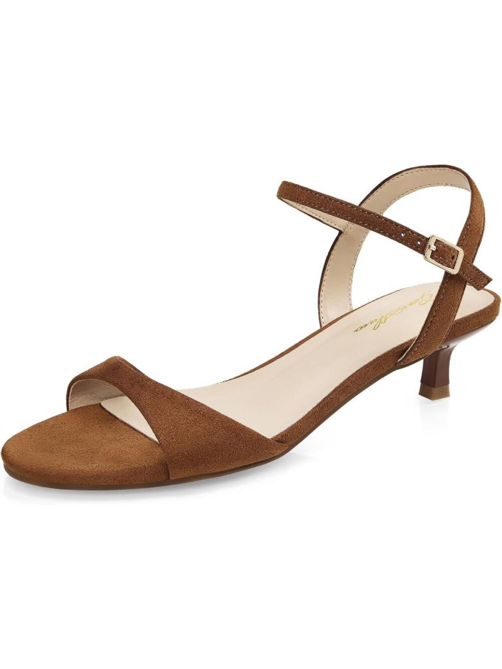 Women's Brown Suede Round Open Toe 1.5 Inch Low Heels Ankle Strap Heel Sandals